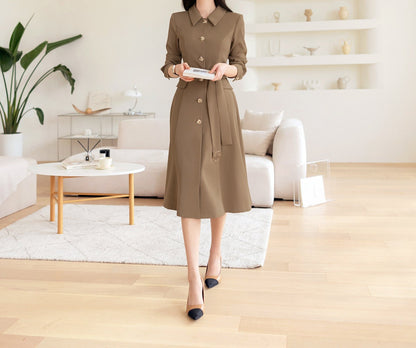 Elegant Flare Dress / Korean Style V Neck Midi Dress with Belt / Luxury wear Elegant Dress / Jacket Style Dress