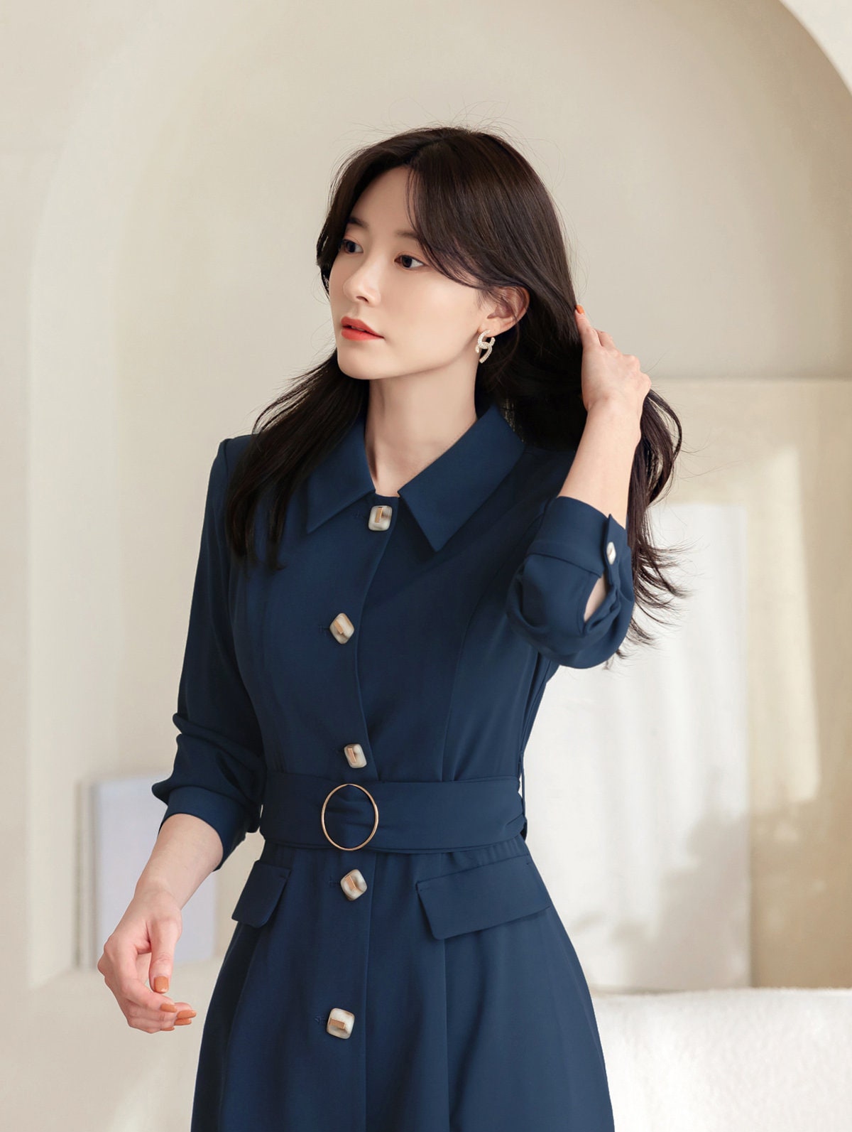 Elegant Flare Dress / Korean Style V Neck Midi Dress with Belt / Luxury wear Elegant Dress / Jacket Style Dress