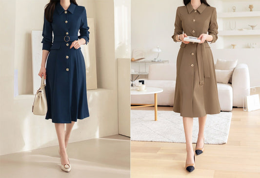 Elegant Flare Dress / Korean Style V Neck Midi Dress with Belt / Luxury wear Elegant Dress / Jacket Style Dress