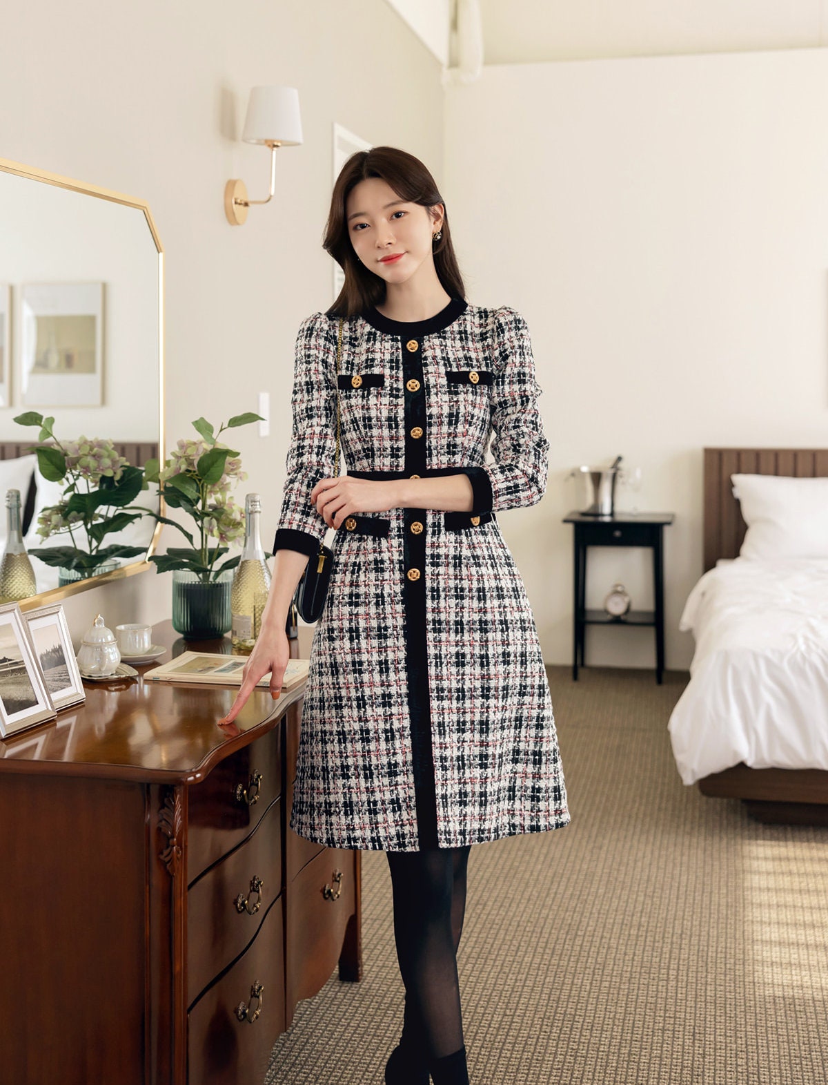 Elegant Classic Tweed Dress with Gold Button / Korean Style Feminine Mini Dress / Luxury wear Elegant Party Dress