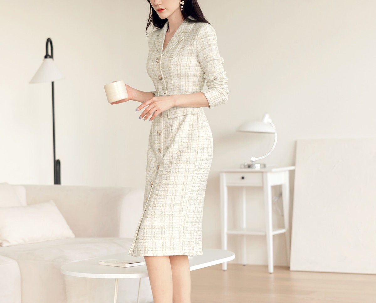 Elegant Tweed Dress with Belt / Korean Style Classic Midi Dress / Luxury wear Elegant Dress in Ivory