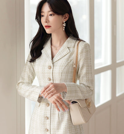 Elegant Tweed Dress with Belt / Korean Style Classic Midi Dress / Luxury wear Elegant Dress in Ivory