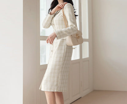 Elegant Tweed Dress with Belt / Korean Style Classic Midi Dress / Luxury wear Elegant Dress in Ivory