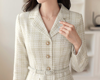 Elegant Tweed Dress with Belt / Korean Style Classic Midi Dress / Luxury wear Elegant Dress in Ivory