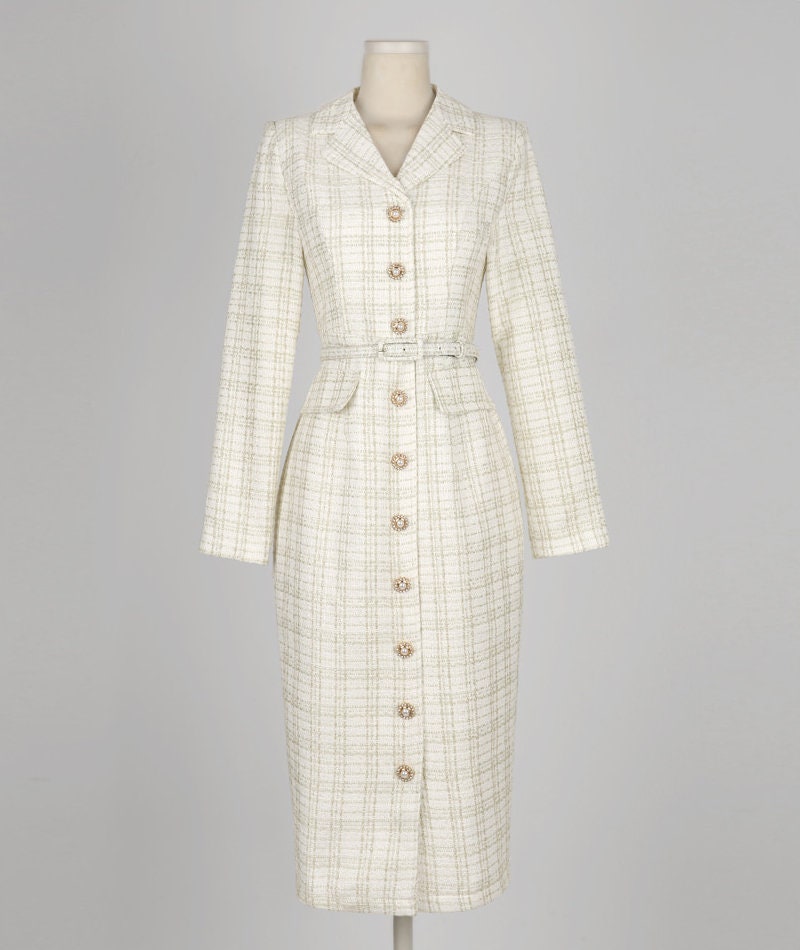 Elegant Tweed Dress with Belt / Korean Style Classic Midi Dress / Luxury wear Elegant Dress in Ivory