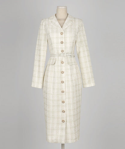 Elegant Tweed Dress with Belt / Korean Style Classic Midi Dress / Luxury wear Elegant Dress in Ivory