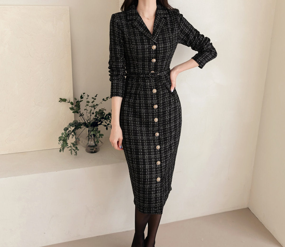 Elegant Tweed Dress with Belt / Korean Style Classic Midi Dress / Luxury wear Elegant Dress in Black