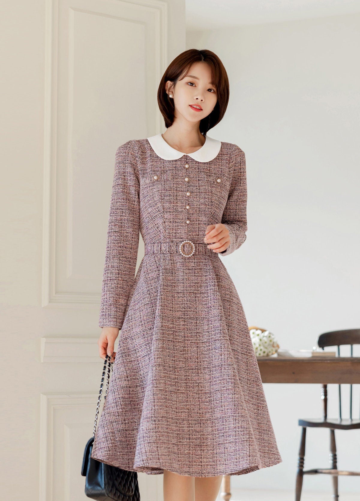 Lovely Feminine Tweed Flare Dress / Korean Style Midi Dress with Long Sleeve / Elegant Pink Dress with Belt