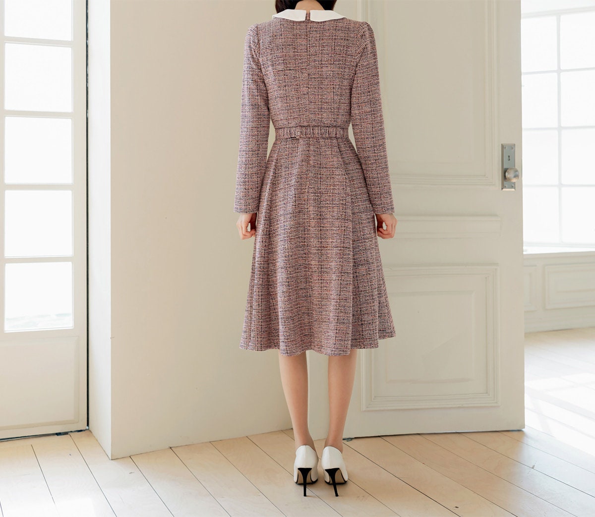 Lovely Feminine Tweed Flare Dress / Korean Style Midi Dress with Long Sleeve / Elegant Pink Dress with Belt