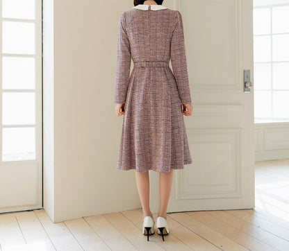 Lovely Feminine Tweed Flare Dress / Korean Style Midi Dress with Long Sleeve / Elegant Pink Dress with Belt