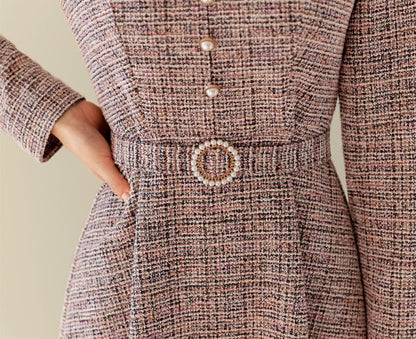 Lovely Feminine Tweed Flare Dress / Korean Style Midi Dress with Long Sleeve / Elegant Pink Dress with Belt