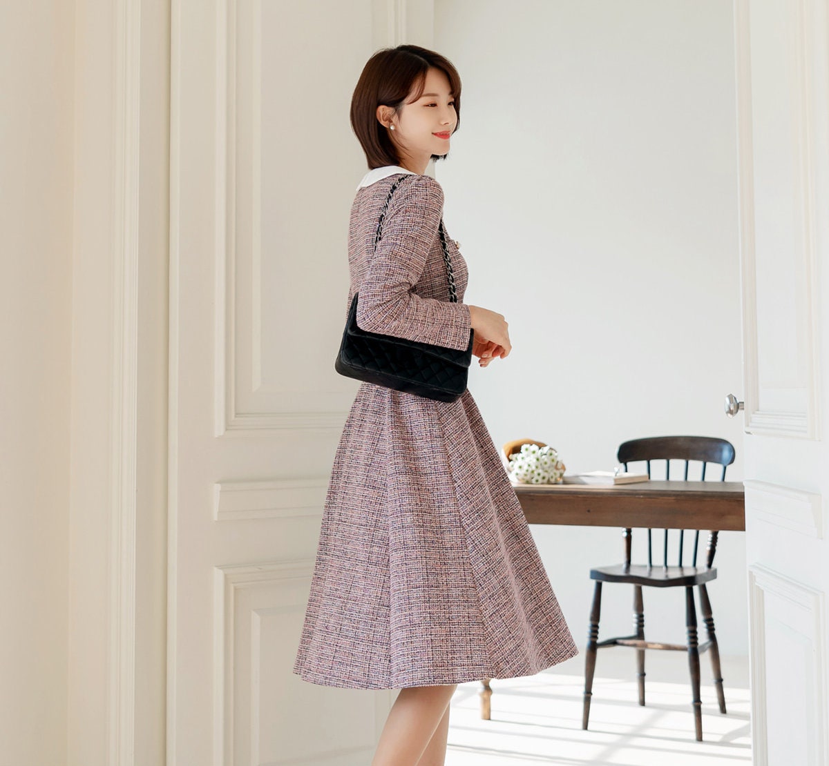 Lovely Feminine Tweed Flare Dress / Korean Style Midi Dress with Long Sleeve / Elegant Pink Dress with Belt