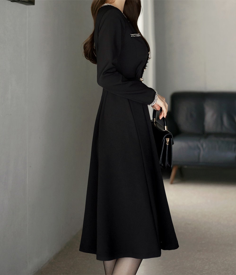 Elegant Feminin Flare Dress / Korean Style Classic Midi Dress / Fall Winter Basic Long Sleeve Flare Dress in Black