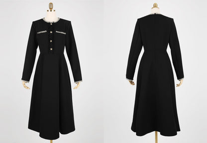 Elegant Feminin Flare Dress / Korean Style Classic Midi Dress / Fall Winter Basic Long Sleeve Flare Dress in Black