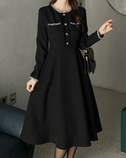 Elegant Feminin Flare Dress / Korean Style Classic Midi Dress / Fall Winter Basic Long Sleeve Flare Dress in Black