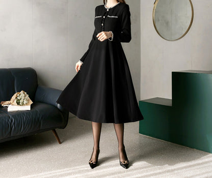 Elegant Feminin Flare Dress / Korean Style Classic Midi Dress / Fall Winter Basic Long Sleeve Flare Dress in Black