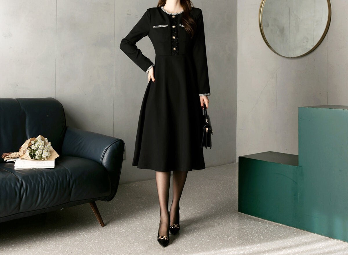 Elegant Feminin Flare Dress / Korean Style Classic Midi Dress / Fall Winter Basic Long Sleeve Flare Dress in Black