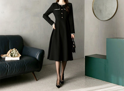 Elegant Feminin Flare Dress / Korean Style Classic Midi Dress / Fall Winter Basic Long Sleeve Flare Dress in Black