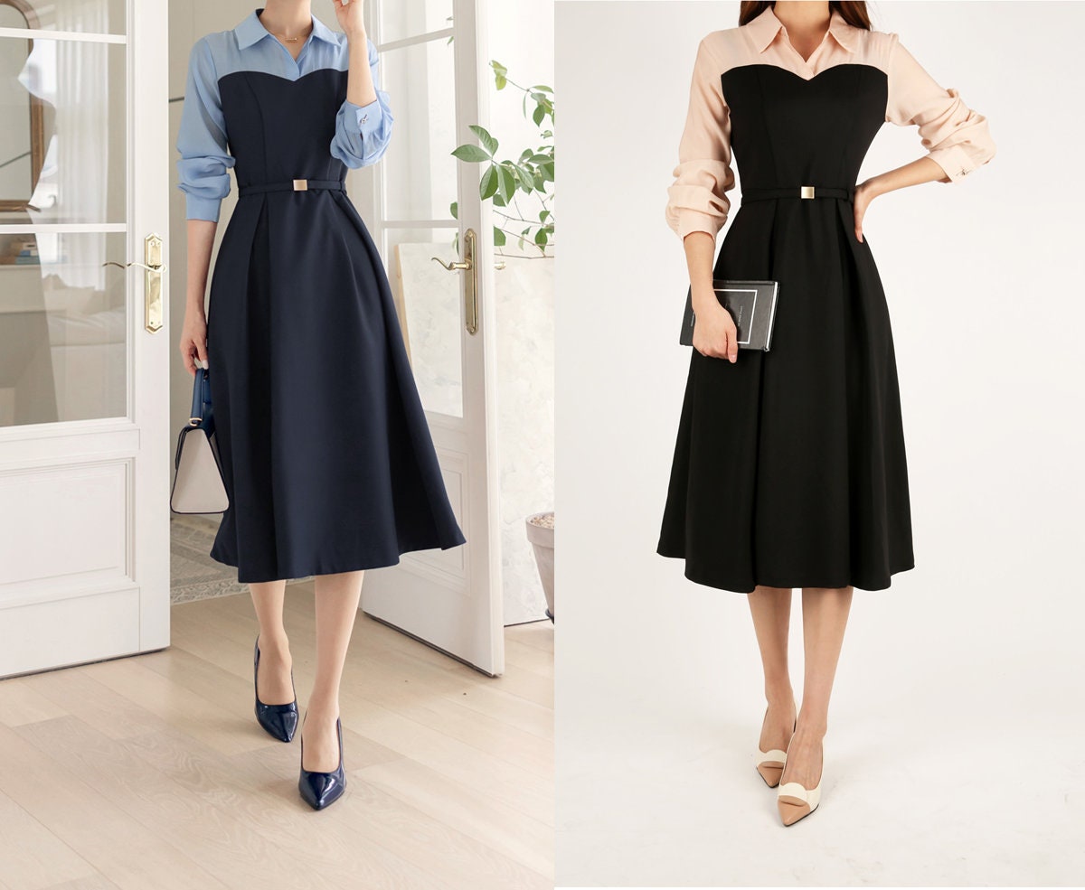 Feminine Elegant Flare Dress for Spring / Fall, Korean Style Midi Dress with Long Sleeve / Elegant Dress with waist strap