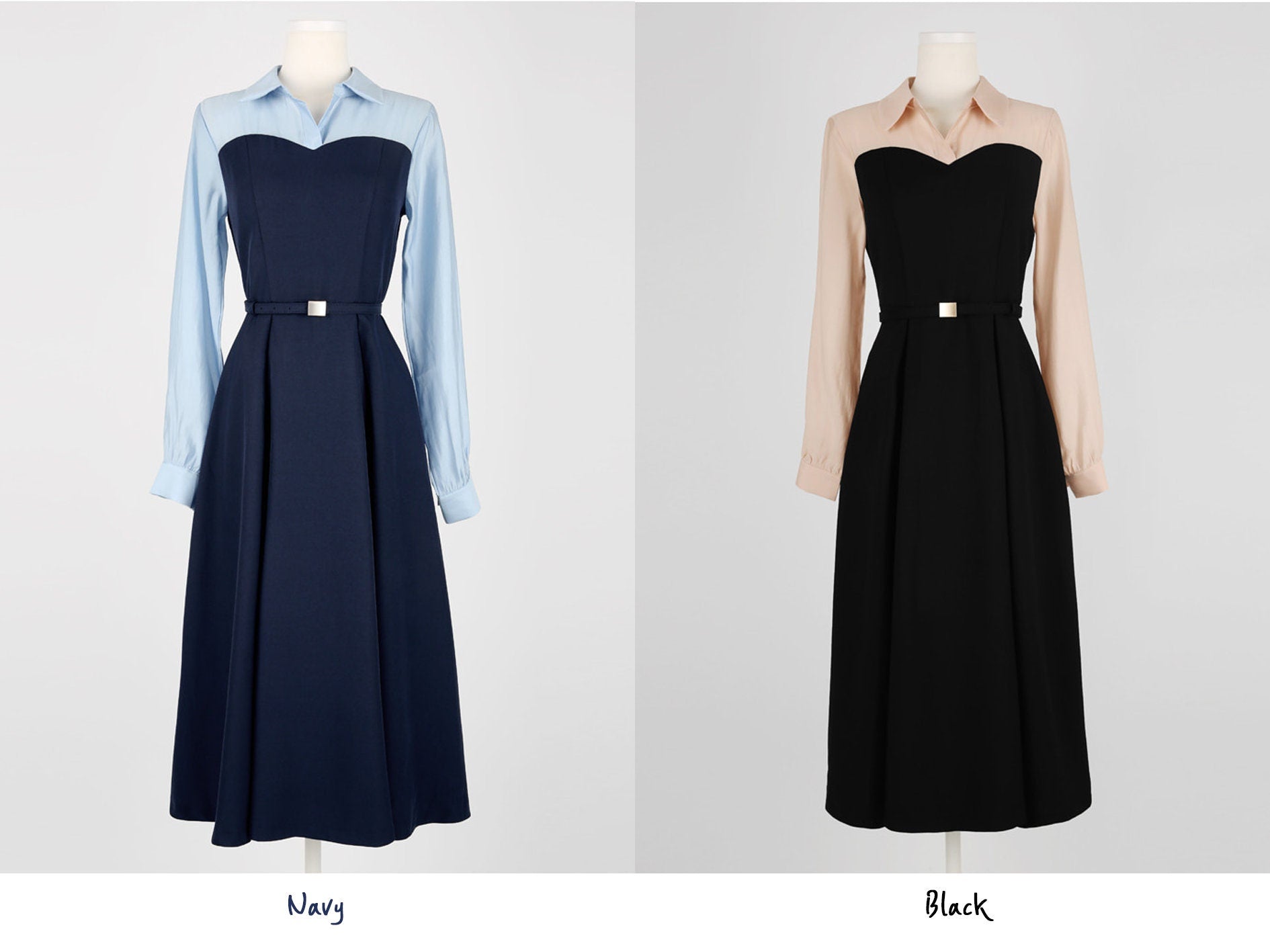 Feminine Elegant Flare Dress for Spring / Fall, Korean Style Midi Dress with Long Sleeve / Elegant Dress with waist strap