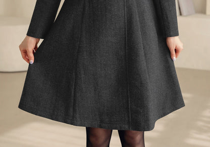 Elegant Feminin Tailored Collar Mini Dress with Belt / Korean Style Classic Mini Dress / Modern Chic Mini Dress in Charcoal Gray Color