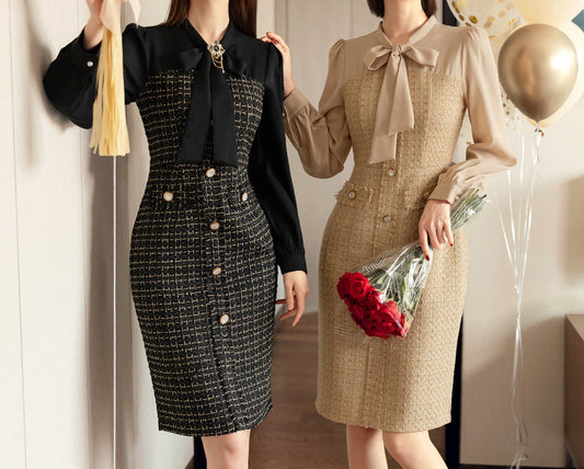 Tie Blouse Top Style Tweed Mini Dress / Korean Style Party Dress / Luxury wear Elegant Mini Dress