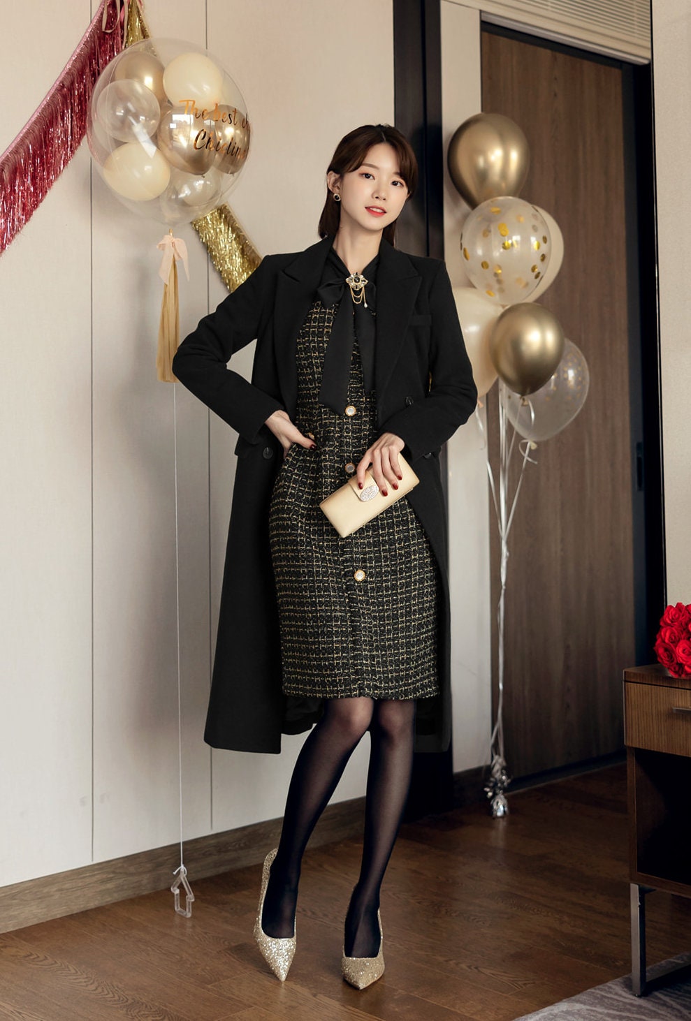 Tie Blouse Top Style Tweed Mini Dress / Korean Style Party Dress / Luxury wear Elegant Mini Dress