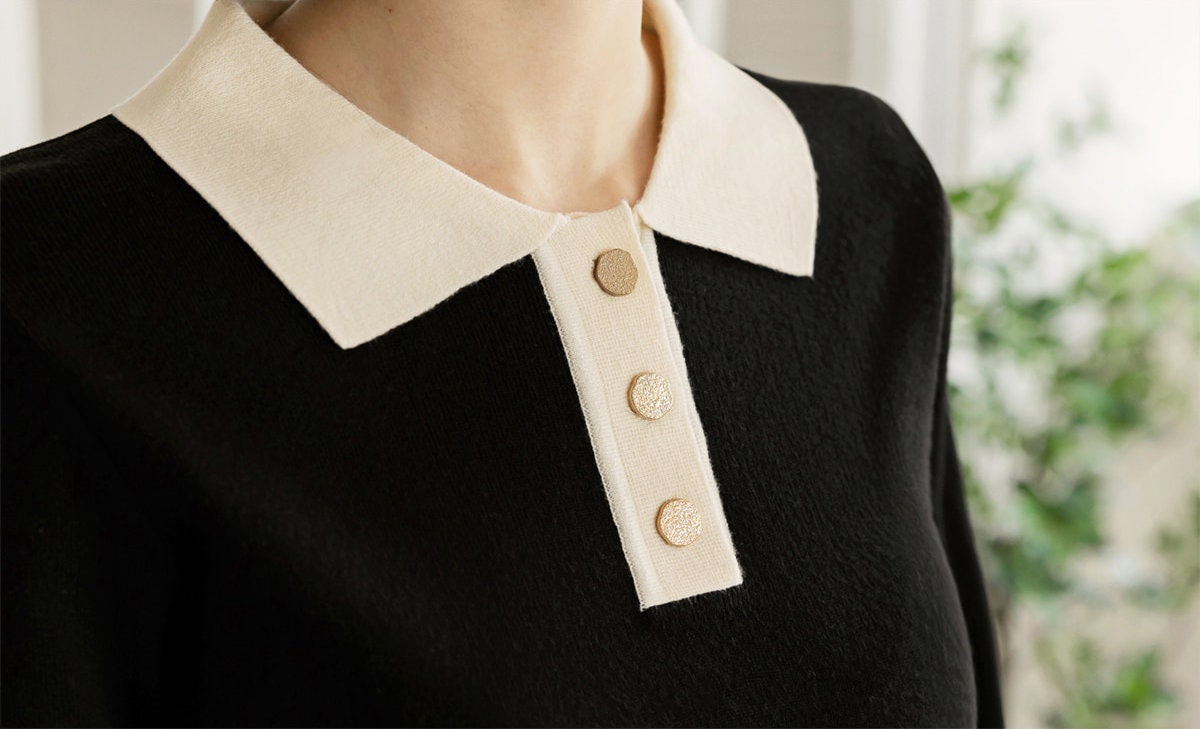 Long Sleeve Soft Knit Top with Gold Button / Korean Style Women Clothes / Office Look Top / Everyday Soft Knit Top