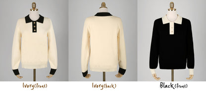 Long Sleeve Soft Knit Top with Gold Button / Korean Style Women Clothes / Office Look Top / Everyday Soft Knit Top