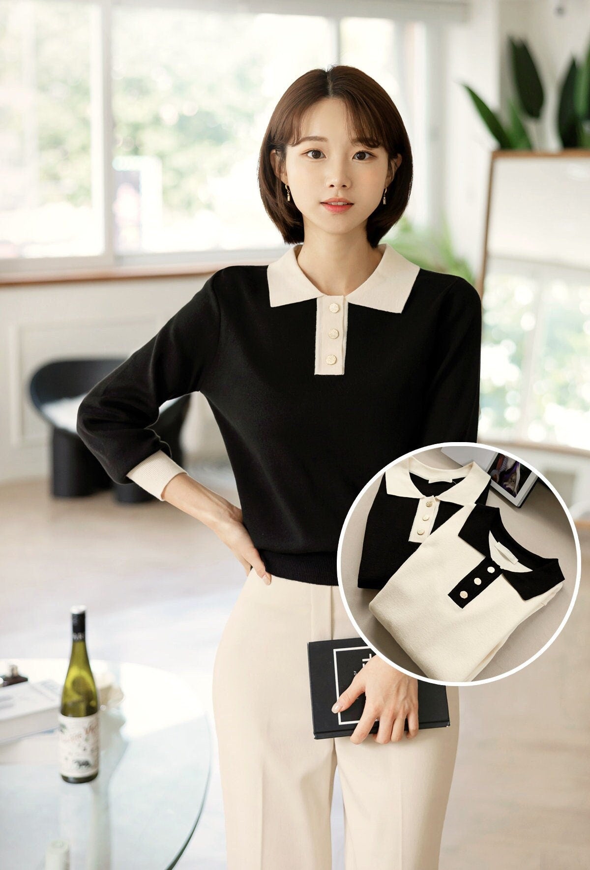 Long Sleeve Soft Knit Top with Gold Button / Korean Style Women Clothes / Office Look Top / Everyday Soft Knit Top