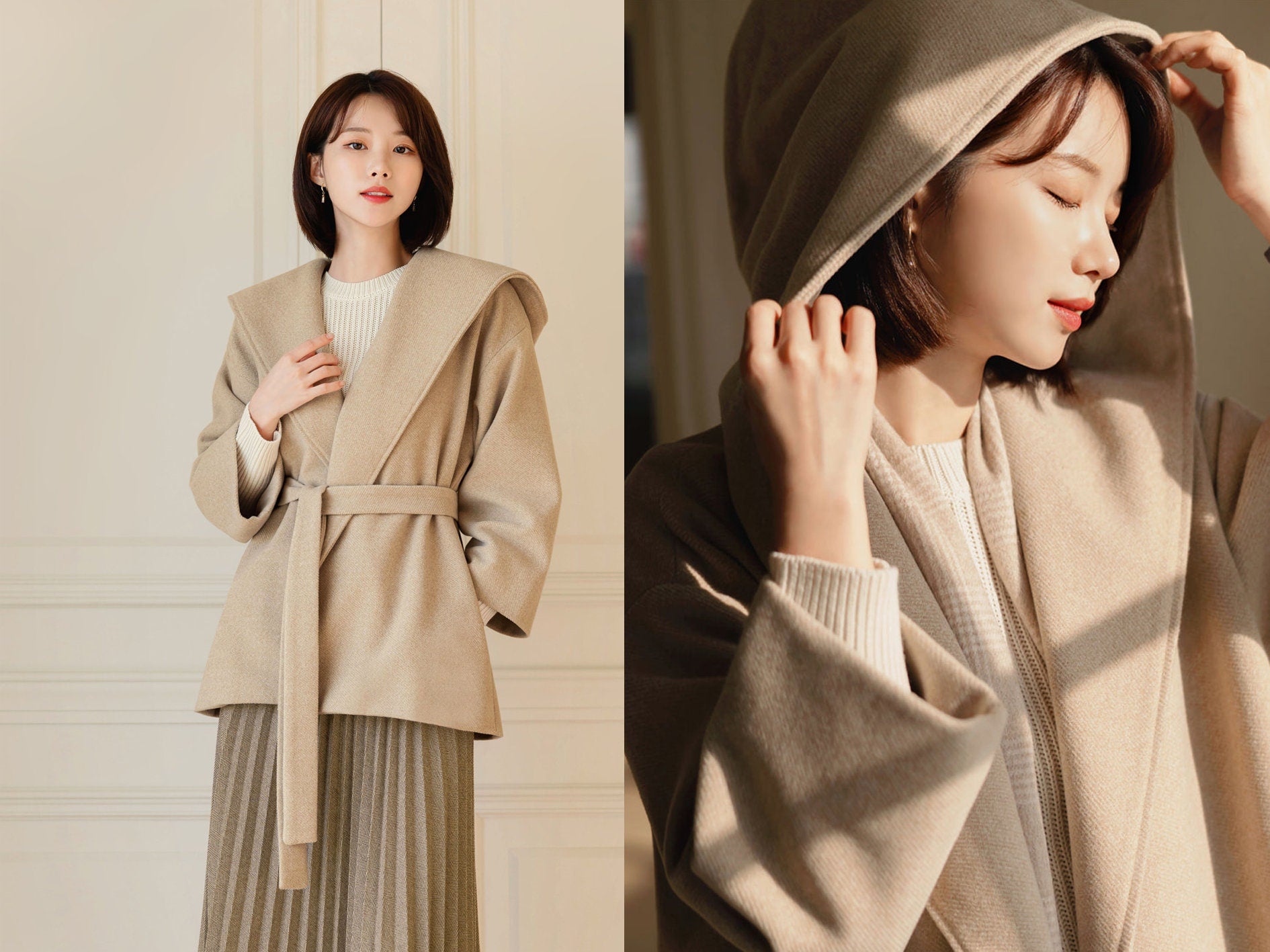 Romantic Style Winter Hood Coat for Women / Korean Style Short Jacket with Belt