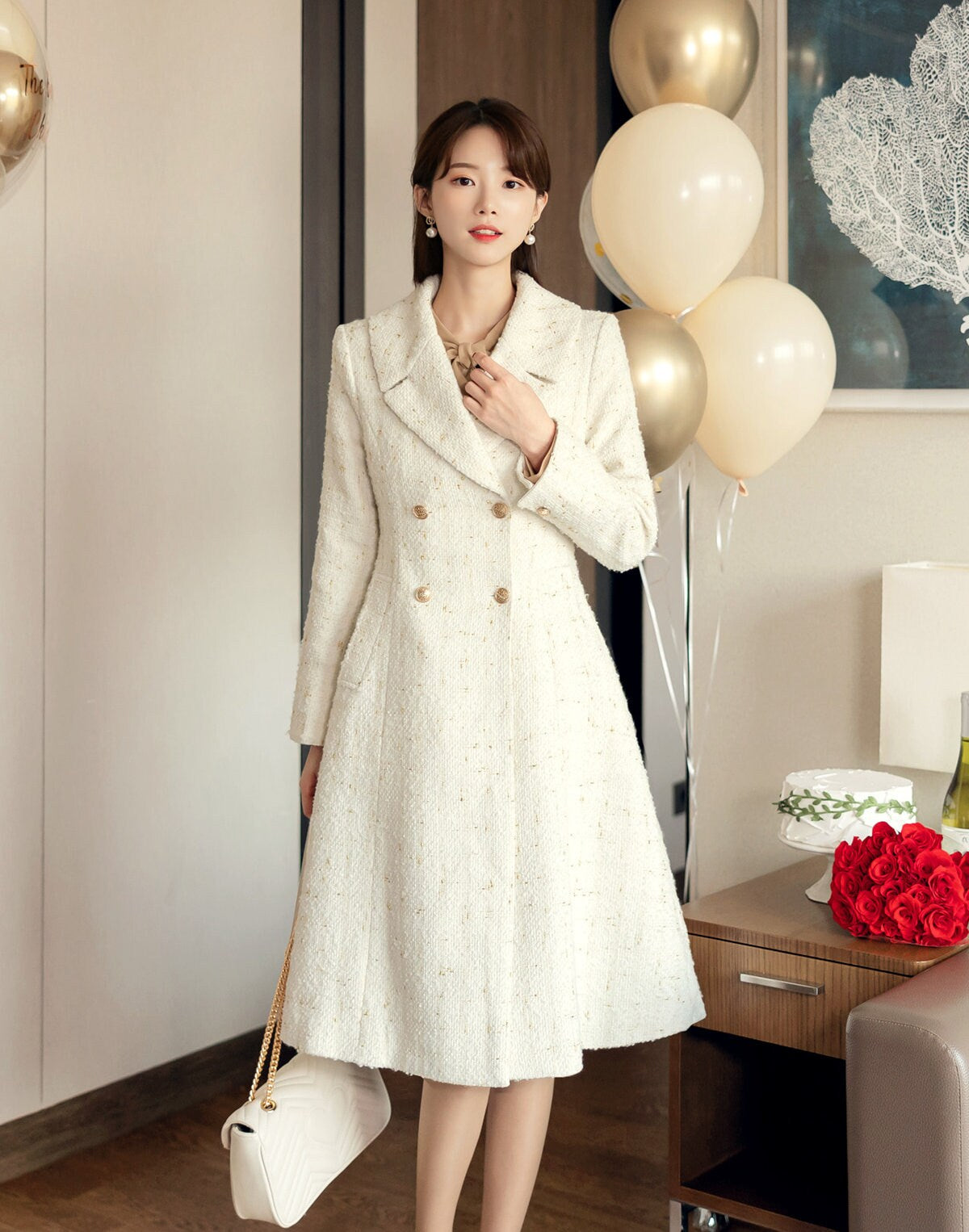 Elegant Feminine Classic Double Breasted Tweed Coat / Korean Style Coat Jacket for Women / Women Long Winter Coat