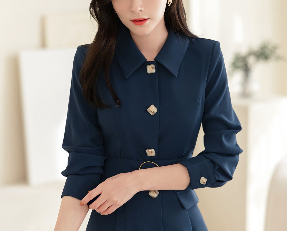 Elegant Flare Dress / Korean Style V Neck Midi Dress with Belt / Luxury wear Elegant Dress / Jacket Style Dress