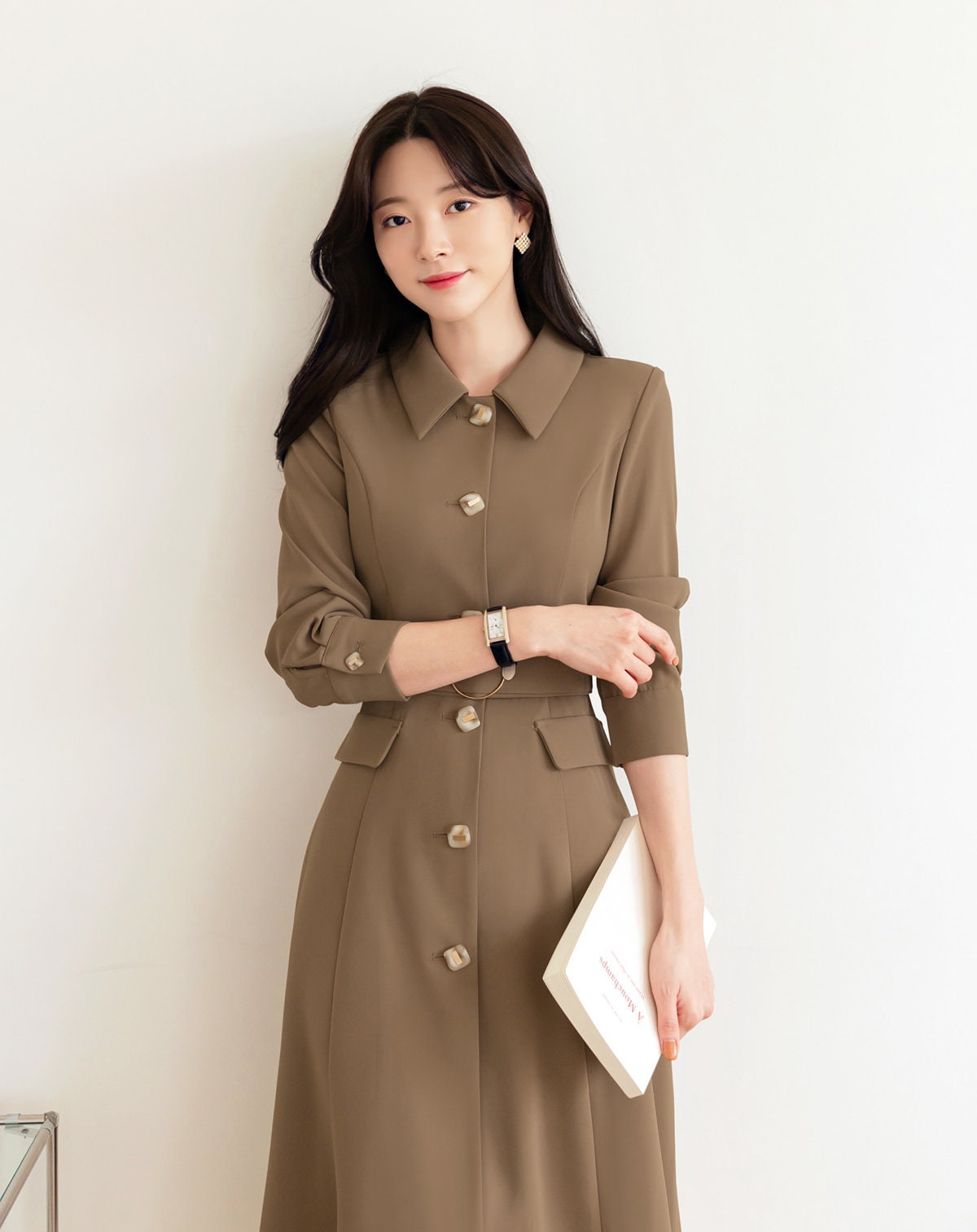 Elegant Flare Dress / Korean Style V Neck Midi Dress with Belt / Luxury wear Elegant Dress / Jacket Style Dress