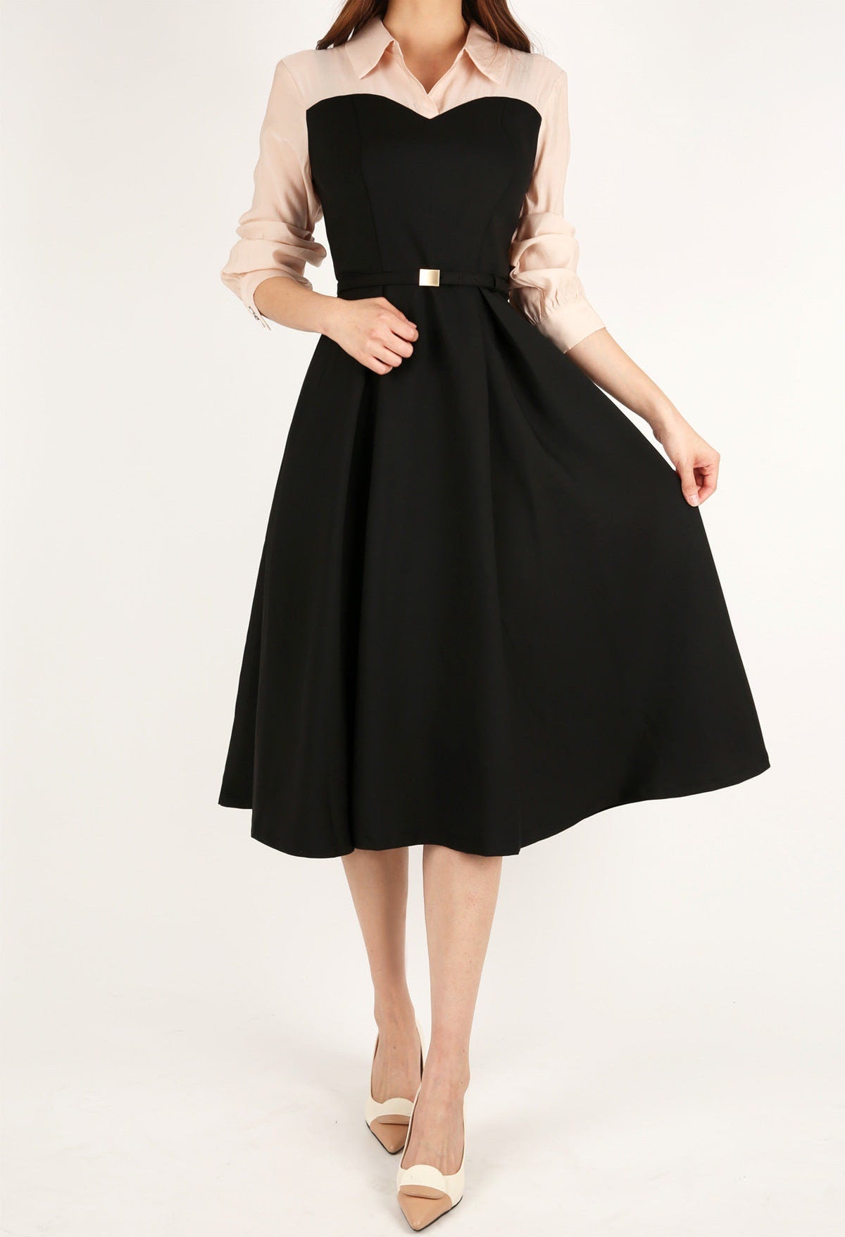 Feminine Elegant Flare Dress for Spring / Fall, Korean Style Midi Dress with Long Sleeve / Elegant Dress with waist strap