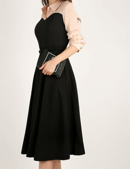 Feminine Elegant Flare Dress for Spring / Fall, Korean Style Midi Dress with Long Sleeve / Elegant Dress with waist strap