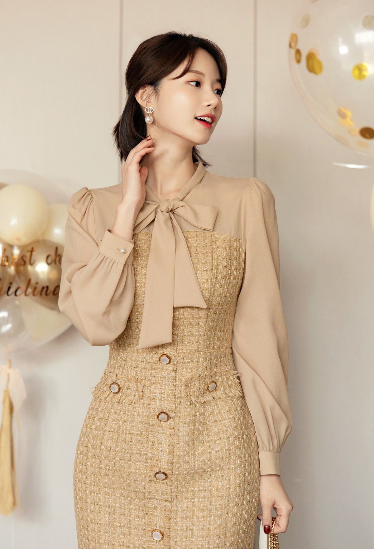 Tie Blouse Top Style Tweed Mini Dress / Korean Style Party Dress / Luxury wear Elegant Mini Dress