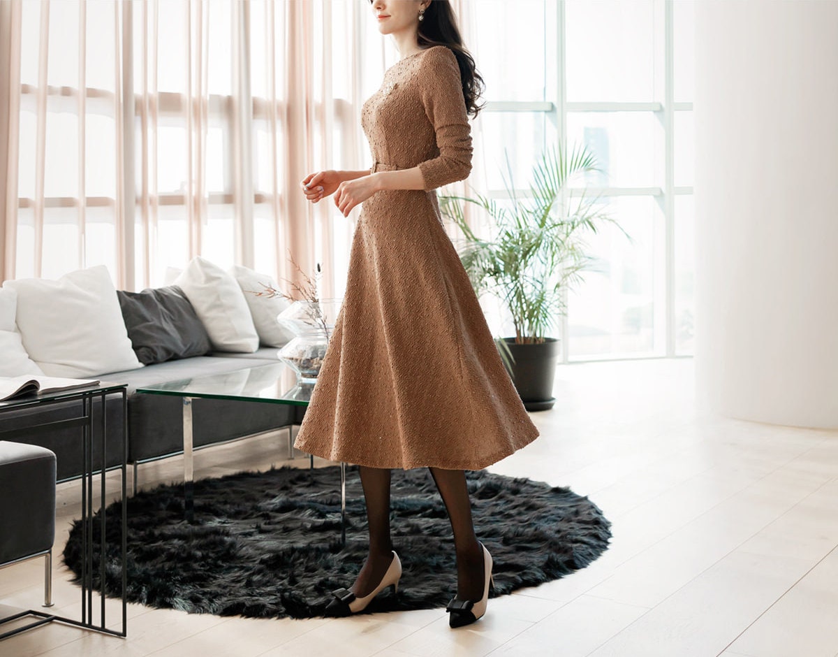 Elegant Feminin Long Sleeve Boat Neck Flare Dress / Korean Style Classic Midi Dress / Basic Long Sleeve Sequin Party Dress