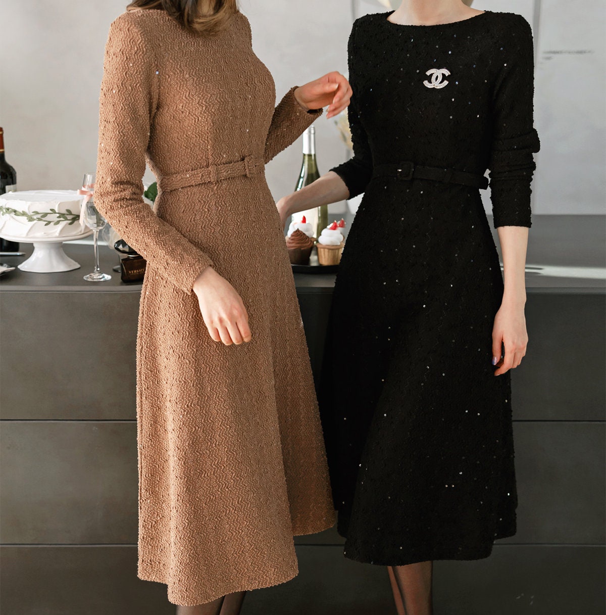 Elegant Feminin Long Sleeve Boat Neck Flare Dress / Korean Style Classic Midi Dress / Basic Long Sleeve Sequin Party Dress