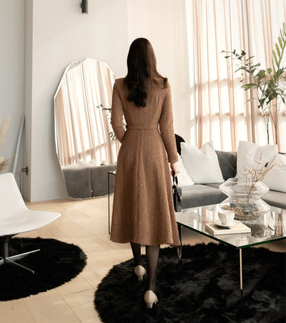 Elegant Feminin Long Sleeve Boat Neck Flare Dress / Korean Style Classic Midi Dress / Basic Long Sleeve Sequin Party Dress