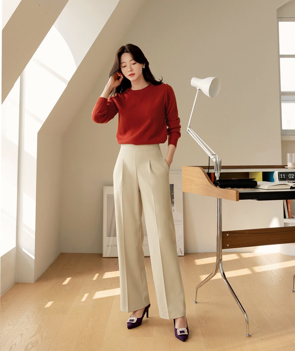 Classic Long Sleeve Crew Neck Knit Top / Korean Style Women Clothes / Office Look Top / Everyday Basic Soft Knit Top