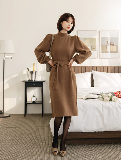 Elegant Feminin Long Sleeve Half-Neck Warm Dress / Korean Style Classic Midi Dress / Basic Long Sleeve Fall Winter Dress