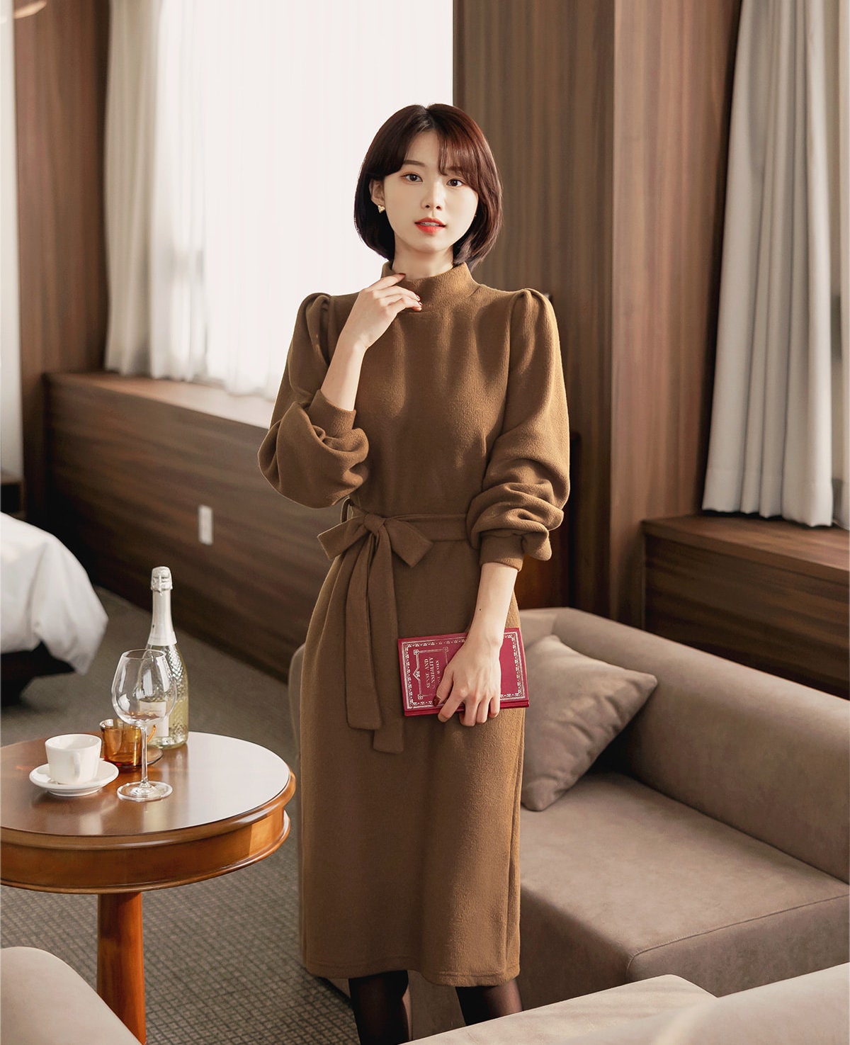 Elegant Feminin Long Sleeve Half-Neck Warm Dress / Korean Style Classic Midi Dress / Basic Long Sleeve Fall Winter Dress