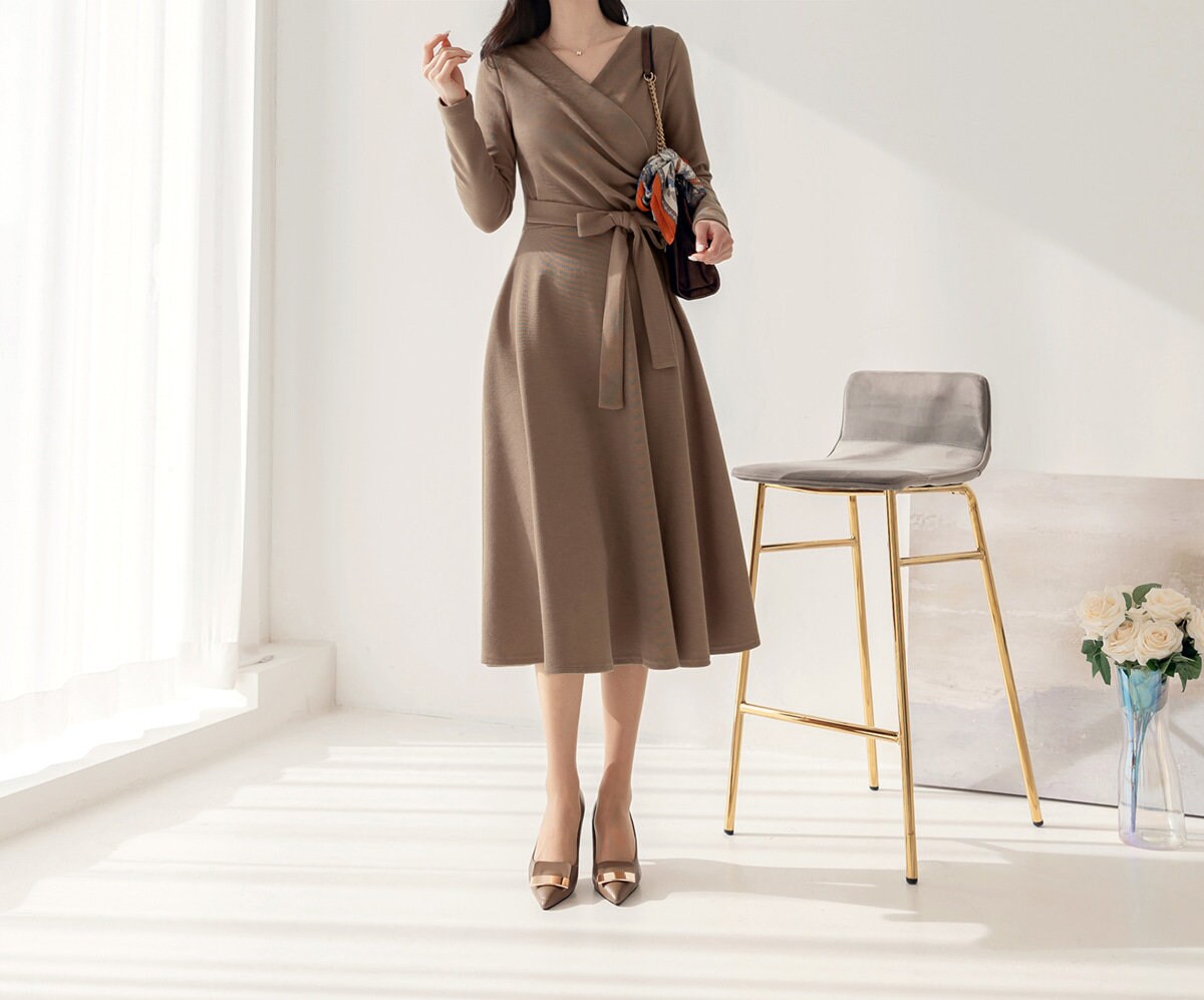 Feminin Long Sleeve Drape Shirring Flare Dress / Korean Style Classic Midi Dress / Basic Long Sleeve Warm Dress