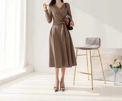 Feminin Long Sleeve Drape Shirring Flare Dress / Korean Style Classic Midi Dress / Basic Long Sleeve Warm Dress