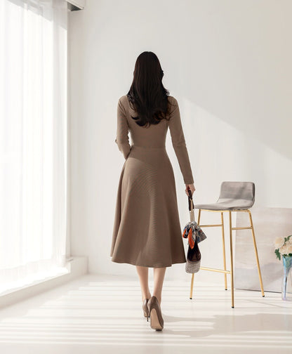 Feminin Long Sleeve Drape Shirring Flare Dress / Korean Style Classic Midi Dress / Basic Long Sleeve Warm Dress