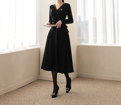 Feminin Long Sleeve Drape Shirring Flare Dress / Korean Style Classic Midi Dress / Basic Long Sleeve Warm Dress