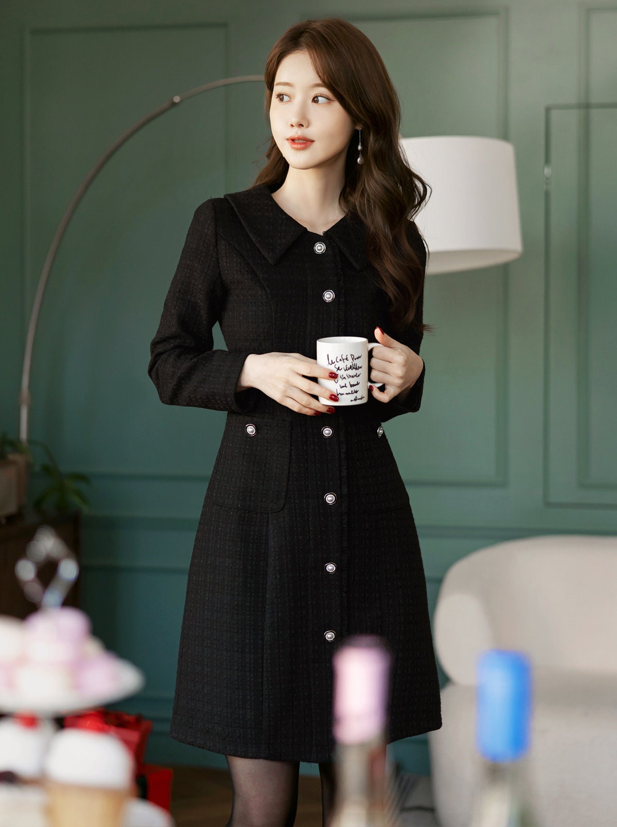 Elegant Black Tweed Dress / Korean Style Winter Mini Dress / Luxury wear Elegant Dress