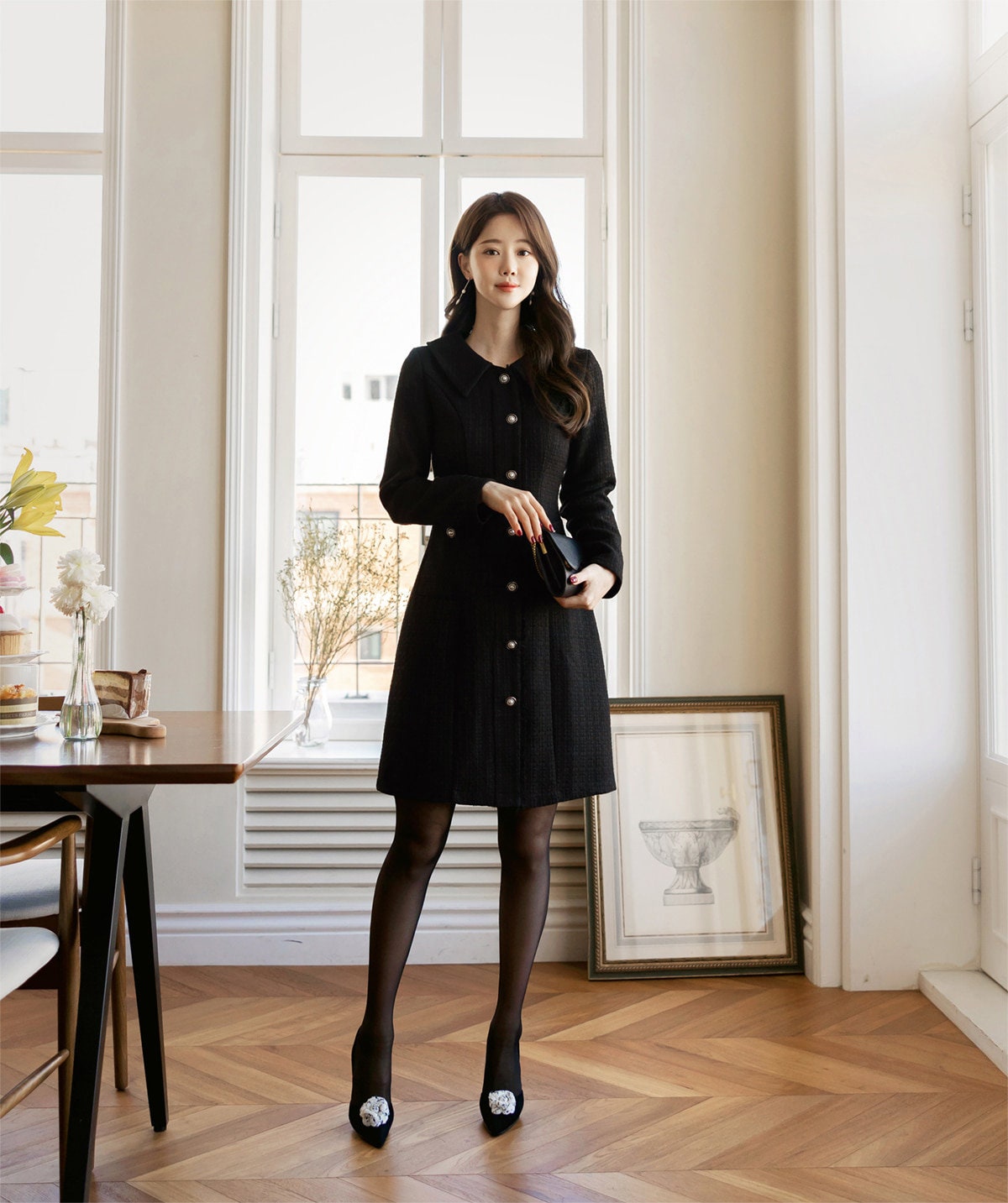 Elegant Black Tweed Dress / Korean Style Winter Mini Dress / Luxury wear Elegant Dress