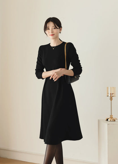 Classic Simple Flare Dress with Belt / Korean Style Women Long Dress / Elegant Feminin Dress / Basic Style Long Sleeve Flare Midi Dress